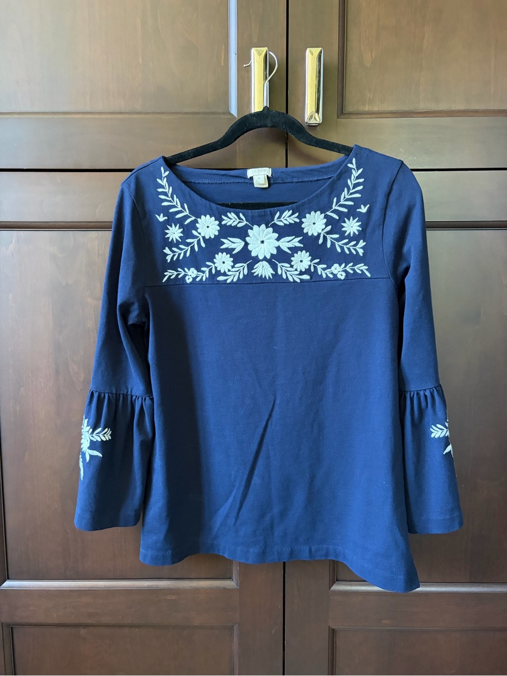 J Crew Factory Women’s Navy Embroidered Floral Bell-Sleeve Top